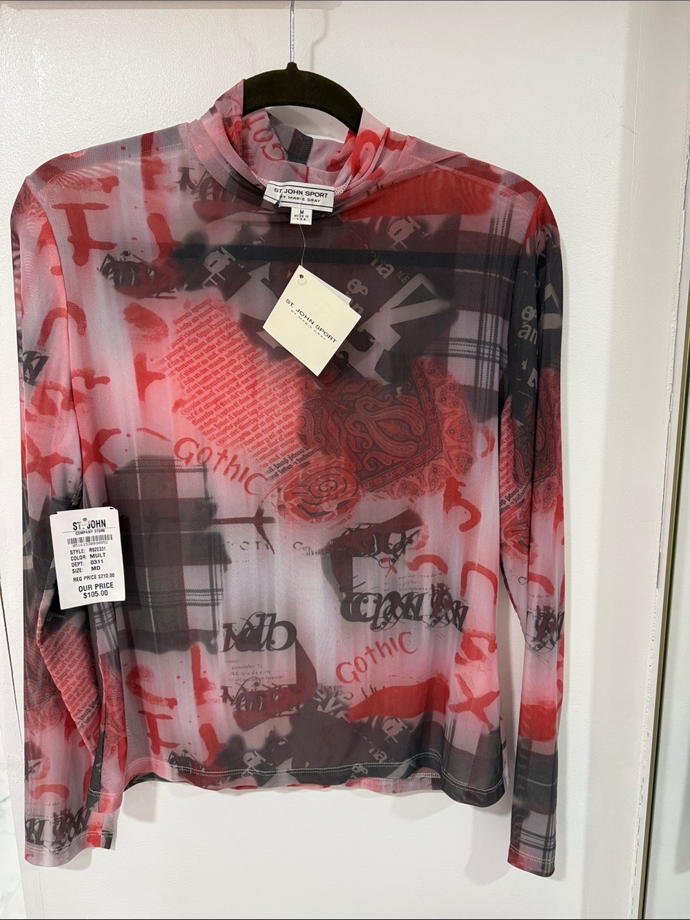St. John Sport Coral Red and Black Mesh Graphic Top